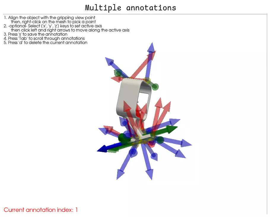 Scene, CNOS mask and 6D pose box; and the grip annotation tool with several grasps on one object.