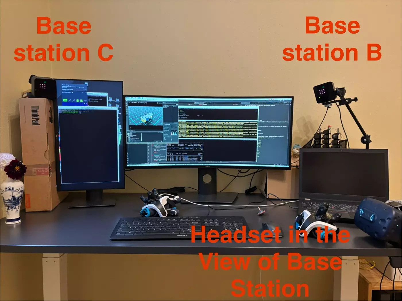 The workspace: two base stations in view of the trackers.